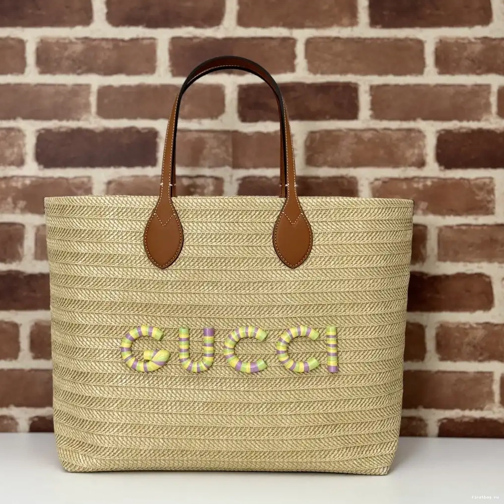 First bag ru MEDIUM TOTE STRAW-EFFECT GUCCI 0313