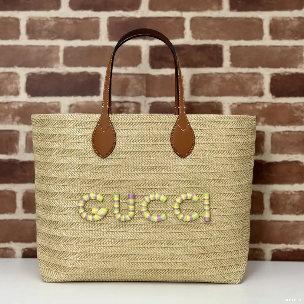 First bag ru MEDIUM TOTE STRAW-EFFECT GUCCI 0313